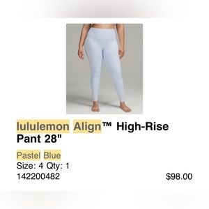 Lululemon Align High Rise Pant 28”, 4 — Pastel Blue